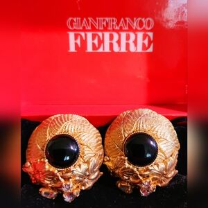 Gianfranco Ferre ☆HAUTE☆Onyx Cabachons and Rhinestone Earrings *Vtg LUXE/RARE*